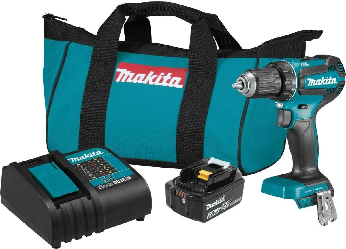 Makita XFD131 18V LXT Lithium-Ion Brushless 1/2 in. Driver-Drill kit with battery and charger, product shot.