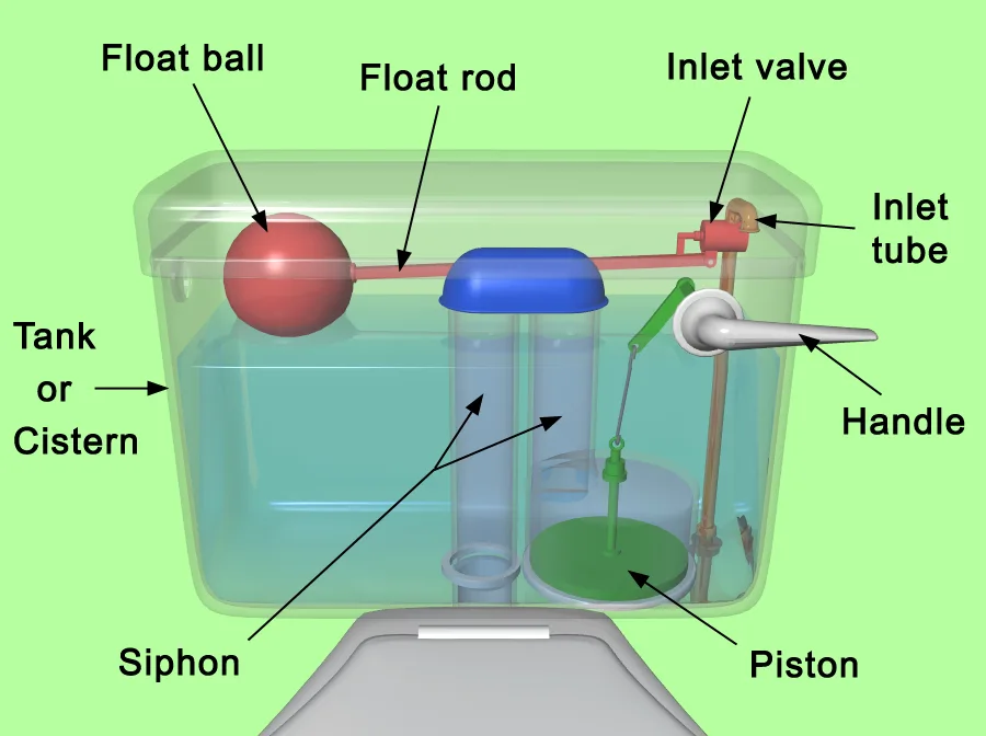 Labeled diagram of a toilet cistern (tank) showing the fill valve, float, flapper, and overflow tube.